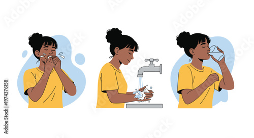 Three panels show a young girl with dark hair following a daily hygiene routine of washing her face, hands, and drinking water.