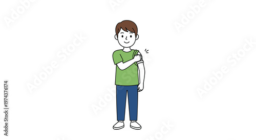 Full-body illustration of a young man in a green shirt holding his arm after receiving a medical injection or vaccination.