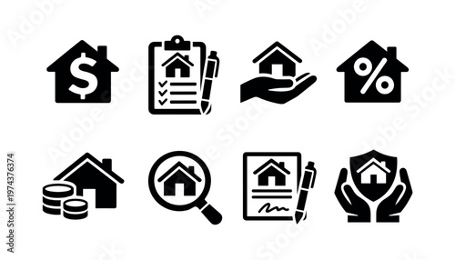 Real estate and mortgage icons, collection of housing and finance black and white silhouette illustrations