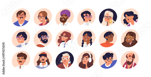 People in glasses, face avatars set. Male and female characters wearing eyeglasses, head portraits. Men and women in spectacles, user profiles. Flat vector illustrations isolated on white background