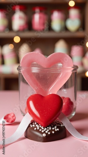 Glistening Heart-Shaped Candies on a Rustic Shelf