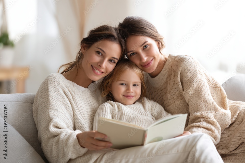 Fototapeta premium Two women and a girl reading a book together on a sofa in a cozy living room setting