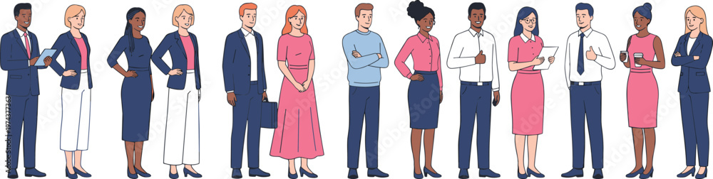 Fototapeta premium Diverse business professionals group standing in different poses, corporate team concept, workplace diversity illustration with formal attire isolated on white background