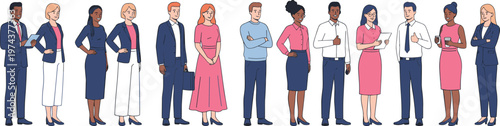 Diverse business professionals group standing in different poses, corporate team concept, workplace diversity illustration with formal attire isolated on white background