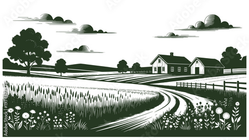 rural landscape illustration with farmhouse, winding dirt road, trees, fences, fields, wildflowers, and clouds in a calm country scene sketch engraving generative ai vector illustration. Scratch board