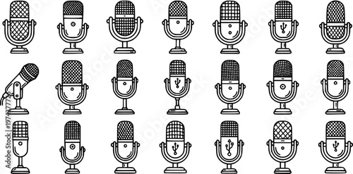 Black and White Line Art Podcast and Audio Broadcasting Microphones Set. Outline Glyph Icons for Communication, Recording, and Digital Technology.