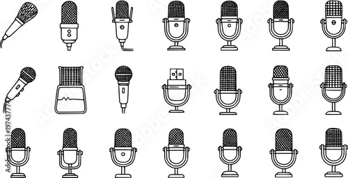 Audio Technology Line Art Icons Set: Black and White Microphone Symbols for Communication, Recording, Broadcasting, and Music Production