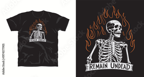Vintage skull and skeleton with fire background on black tshirt for streetwear design.