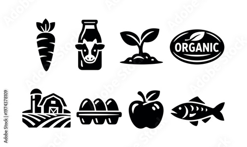 Black and white vector illustrations of organic farm products including carrot milk plant apple and fish