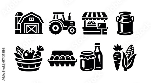 Agriculture and farming icons collection featuring barn, tractor, market stall, and produce, black and white silhouette illustration