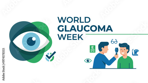 World Glaucoma Week awareness illustration with stylized eye and green ribbon. Conceptual graphic for eye health, medical screening, ophthalmology, and prevention of vision loss.
