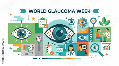World Glaucoma Week awareness banner. Green eye health icons, abstract optic nerve shapes, medical vector illustration on clean background. Vision care, ophthalmology concept, eye disease prevention.