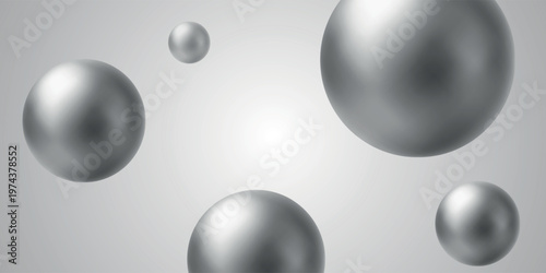 Abstract metallic sphere background, floating silver chrome balls, glossy geometric shapes, soft gradients, minimal luxury. Presentation, branding, poster, cover, wallpaper template. Vector backdrop