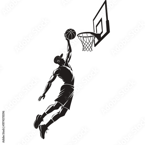 Basketball player, dunking silhouette, sports illustration, athletic jump