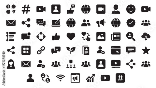 Social Media Glyph Icon Set for Digital Marketing, Community Engagement App Interface and Social Network Platform Design