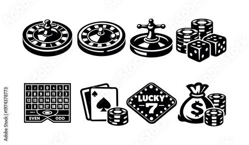 Gambling and casino elements illustration featuring roulette wheel dice playing cards vector graphics