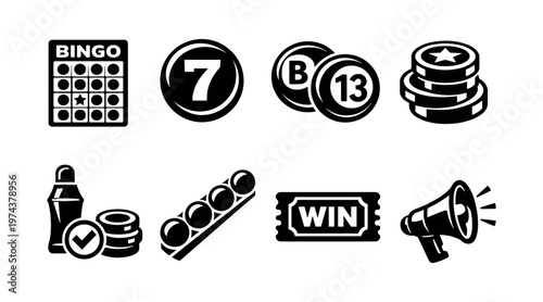Black and white casino and gaming icons vector illustration including bingo coin and lottery ticket elements