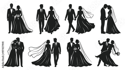 Stylized wedding couple silhouettes in romantic poses of love, dance, and celebration.