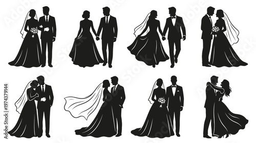 Stylized wedding couple silhouettes in romantic poses of love, dance, and celebration.