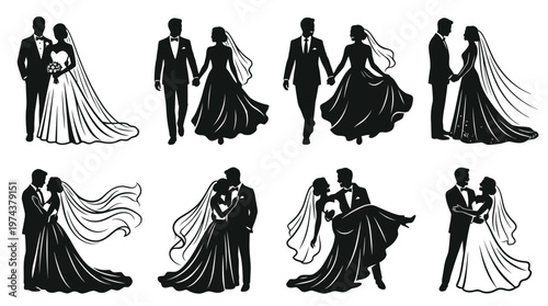Stylized wedding couple silhouettes in romantic poses of love, dance, and celebration.