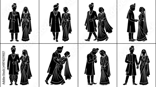South Asian wedding couple silhouettes in traditional attire with ceremonial and romantic poses.