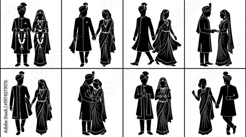 South Asian wedding couple silhouettes in traditional attire with ceremonial and romantic poses.