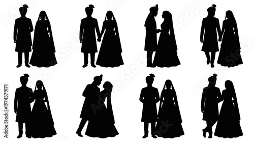 South Asian wedding couple silhouettes in traditional attire with romantic and ceremonial poses.