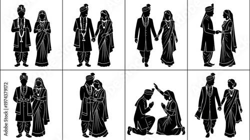 South Asian wedding couple silhouettes in traditional attire with ceremonial and romantic poses.
