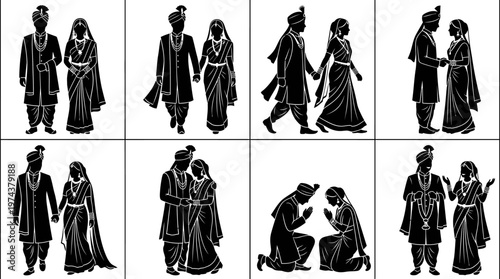 South Asian wedding couple silhouettes in traditional attire with ceremonial and romantic poses.