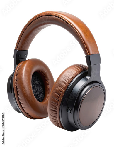 A stylish pair of brown leather headphones is presented against a stark black background.