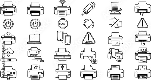 Technology Printer and Printing Functions Outline Icons Set - Black  White Line Art for Office Equipment UIUX and Web Design.