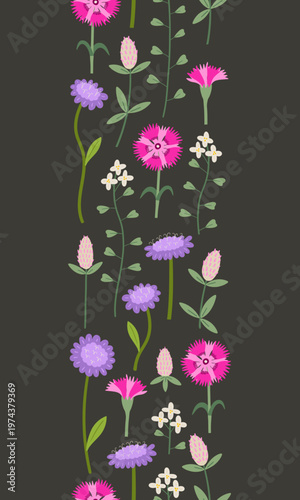 Pink wildflowers seamless border. Delicate pink hand drawn dianthus, scabious, clover flowers vector print. Botanical spring nature motifs. Seasonal floral blossom background.