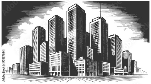 modern downtown skyline with tall skyscrapers, office towers, and a dense urban business district sketch engraving generative ai vector illustration. Scratch board imitation. Black and white image.