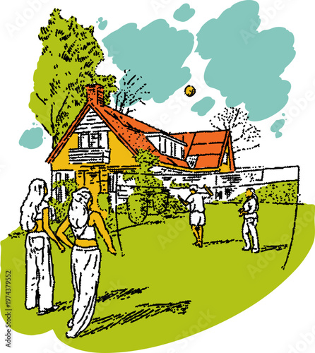 Fun Summer Vacation at Home Playing Volleyball – Vector Art