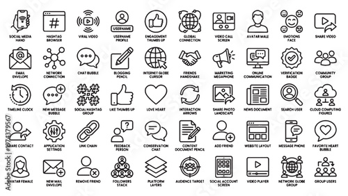 Social Media Outline Icon Set for Digital Marketing Strategy, Community Management Platform and Social Network App Interface Design