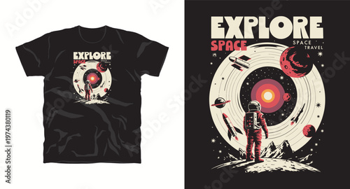 Explore space t-shirt design with astronaut standing on planet and rockets in background.
