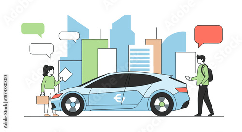 Urban car sharing concept with people and electric vehicle in cityscape
