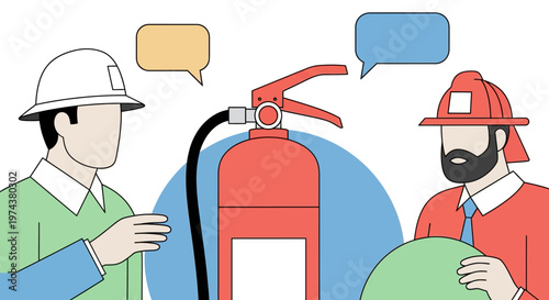 Flat illustration of safety discussion between worker and firefighter with fire extinguisher