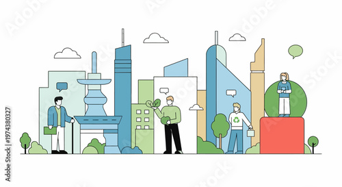 Modern city scene with sustainable urban lifestyle in linear style