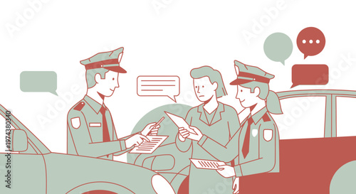 Police officers communicating after traffic accident in flat style