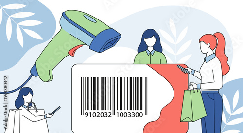 Shopping and technology concept with barcode scanner and people