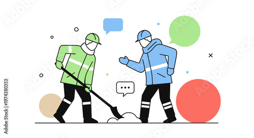 Construction workers communicating in simple geometric style on site