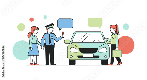 Traffic stop scene with police officer and civilians in simple flat design