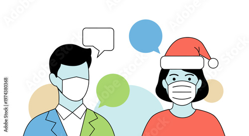 Festive discussion: masked professionals with holiday spirit in flat design