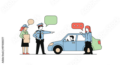 Cartoon style police officers conduct traffic stop with driver in blue car