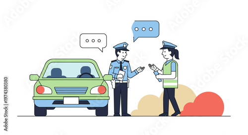 Police officers in conversation by car with speech bubbles in minimalist cartoon style