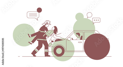 Emergency rescue scene with firefighter assisting car crash survivors in minimalist art style