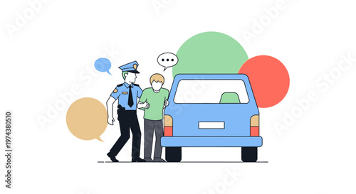 Police officer assisting a young man by a car in colorful minimalist design