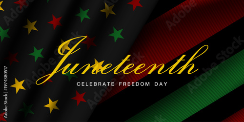 Juneteenth Celebrate Freedom Day. Flag and stars. Great for posters, banners, social media and more. Black background.