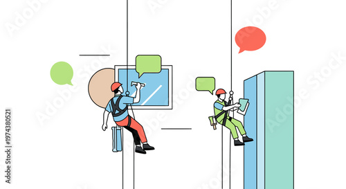 Communication and work on tall buildings: climbers with speech bubbles in minimalist style